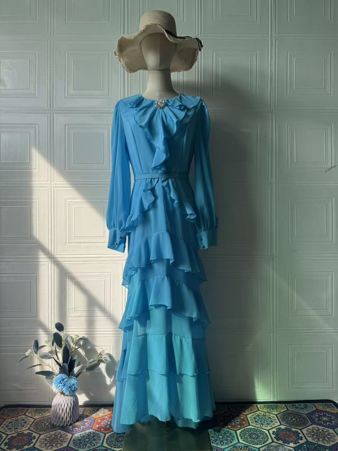 Waist Cinching Mermaid Maxi Dress – Lantern Sleeve Stand Collar Women’s Long Dress | 5 Colors