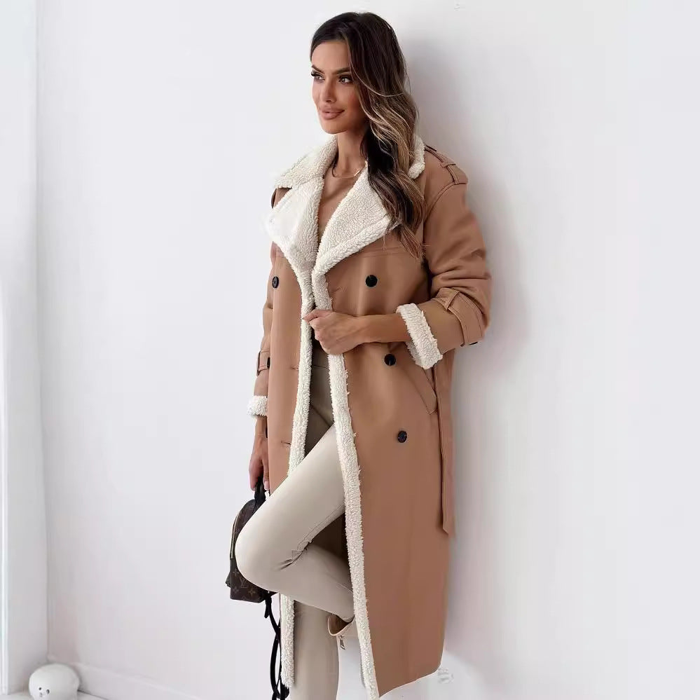 Luxury Double-Layer Melange Coat with Stand Collar & Lapel – Faux Shearling Winter Outerwear, Elegant & Warm Outfit