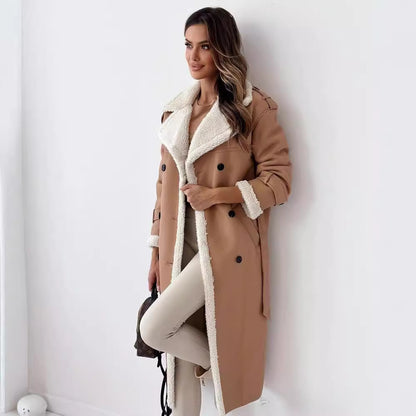 Luxury Double-Layer Melange Coat with Stand Collar & Lapel – Faux Shearling Winter Outerwear, Elegant & Warm Outfit