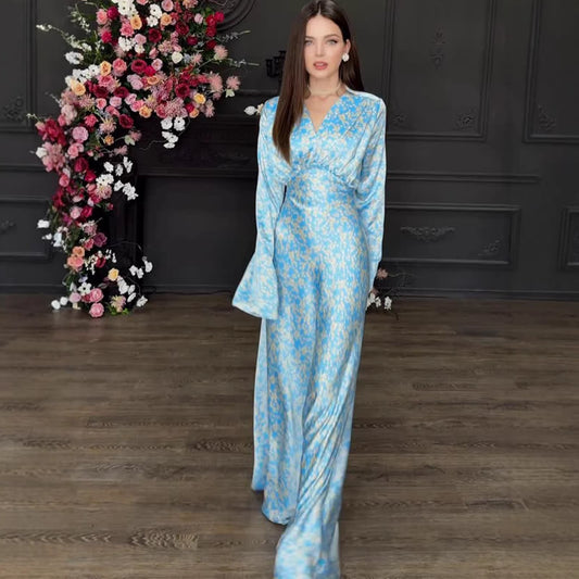 Robe évasée droite à col en V et manches florales pour femmes – Bleu clair, blanc et noir