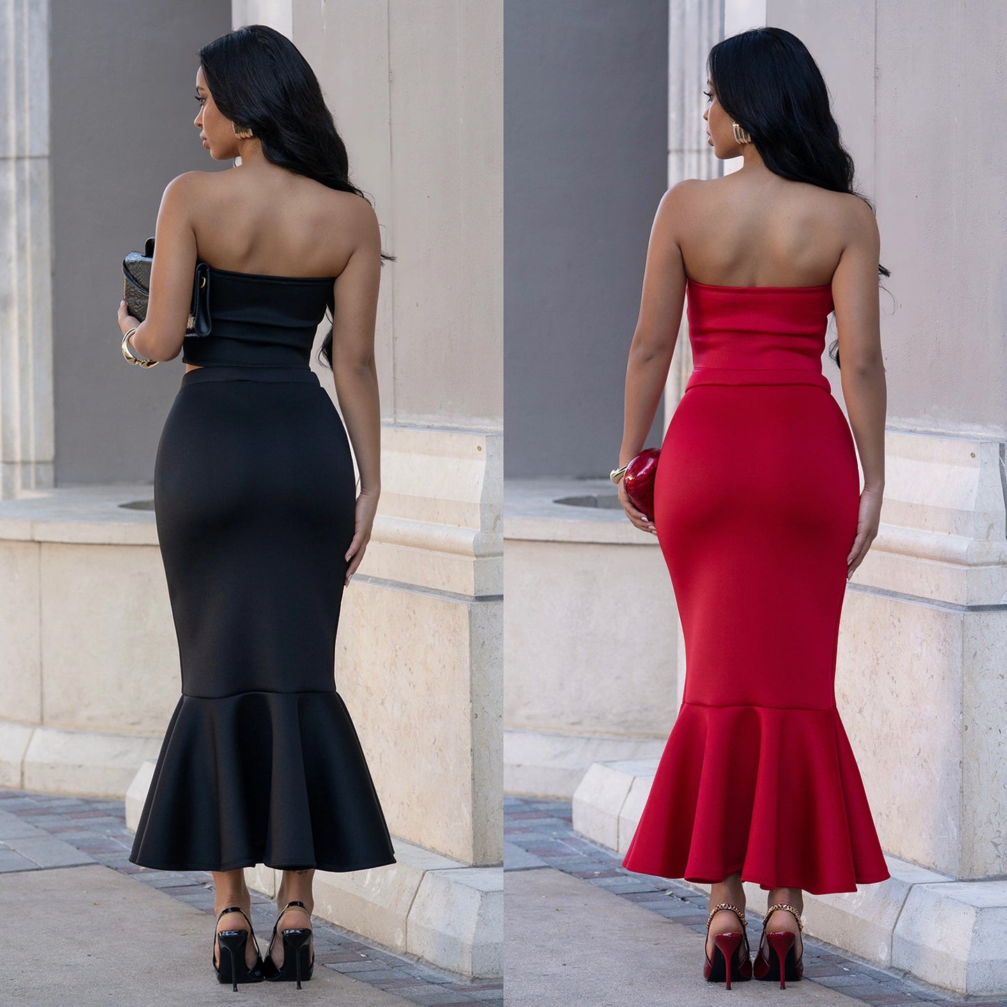 Women's Strapless Crop Top & Maxi Skirt Set – Elegant Commute Two-Piece