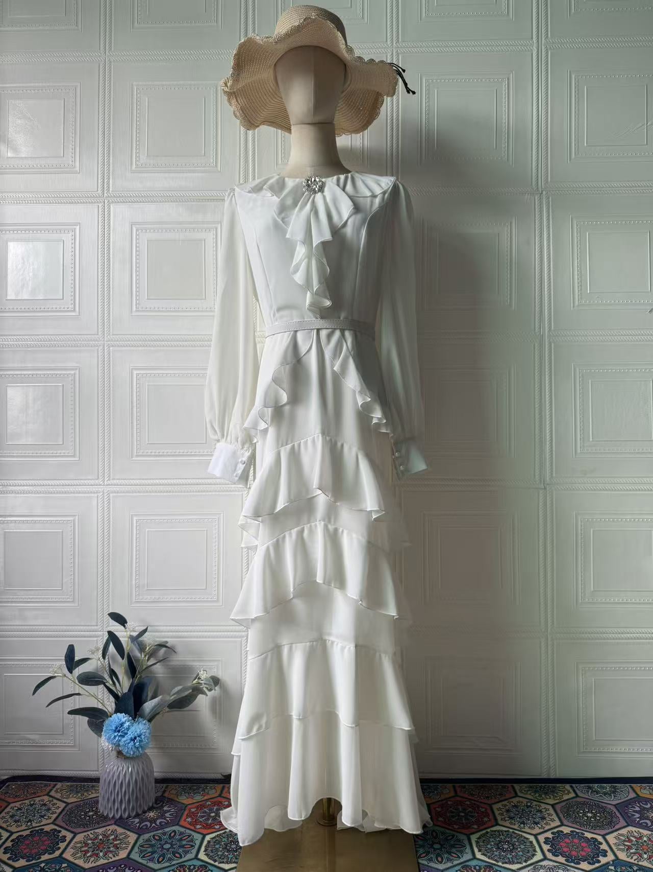 Waist Cinching Mermaid Maxi Dress – Lantern Sleeve Stand Collar Women’s Long Dress | 5 Colors