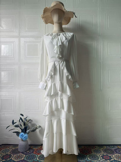Waist Cinching Mermaid Maxi Dress – Lantern Sleeve Stand Collar Women’s Long Dress | 5 Colors