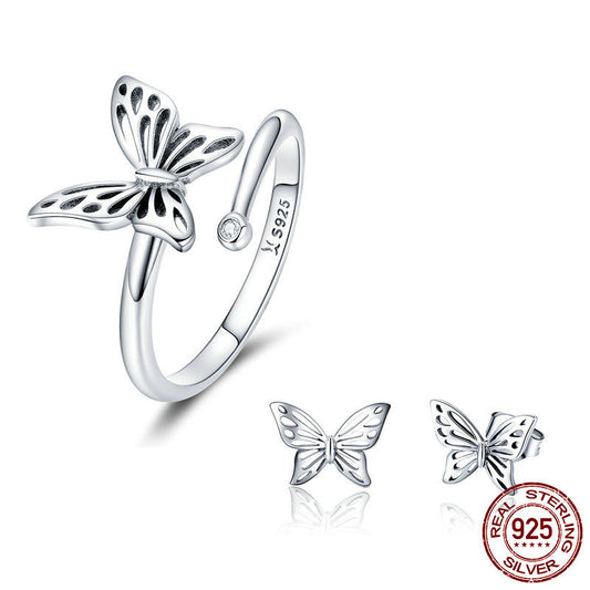 925 Sterling Silver Vintage Butterfly Jewelry Set – Elegant Ring & Earrings for Wedding, Engagement & Special Occasions