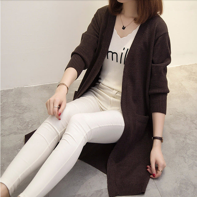 Oversized Knit Cardigan with Pockets - Long Sleeve V-Neck Sweater Coat