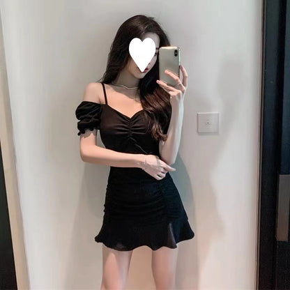 Mini-robe évasée asymétrique à manches bouffantes pour femme – Caraco torsadé en soie