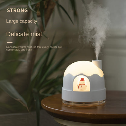 Snowy house night light humidifier with silent spray mist. Cute, festive, and soothing—perfect Christmas gift for home, bedroom, or desk use.