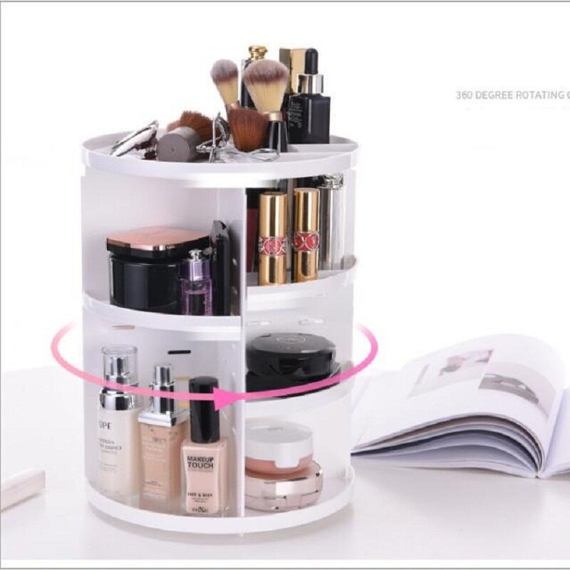 360° Rotating Makeup Organizer - Multi-Compartment Cosmetic Storage Box with Brush Holder & Jewelry Case