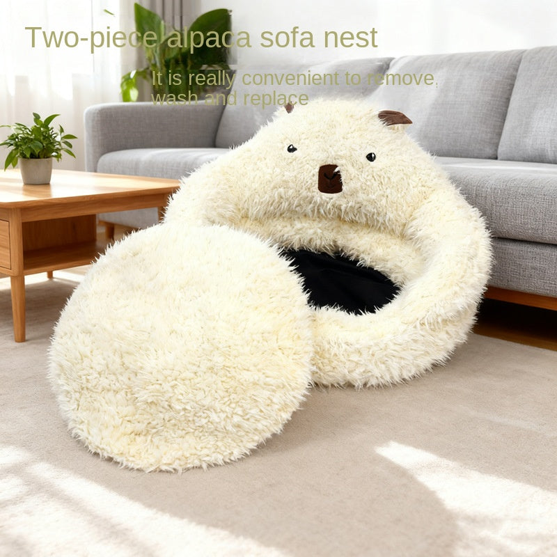 Cozy semi-enclosed dog house bed with removable, washable cushion. Warm, secure, and perfect for dog cages, cats, and indoor winter comfort.