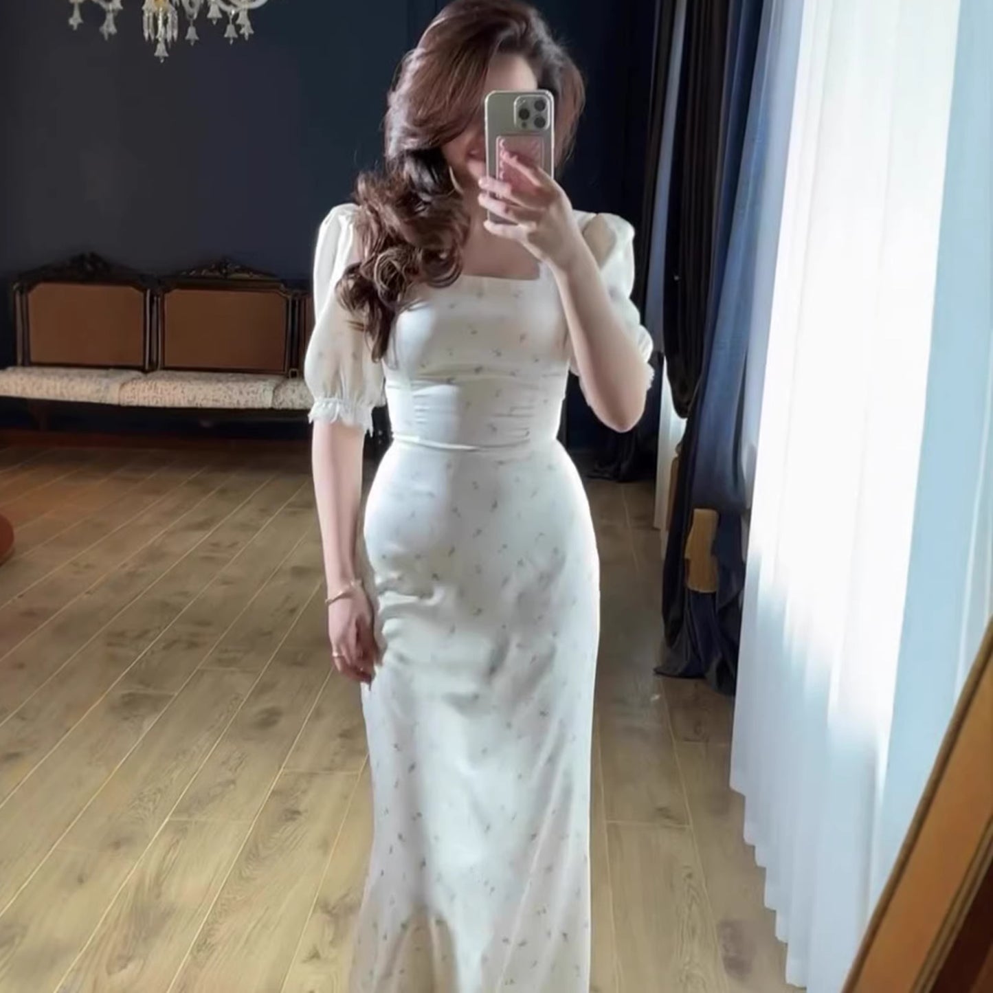 Elegant 3D Print Long Sleeve Maxi Dress – A-Line Belted Lace Trim Women’s Spring Fashion
