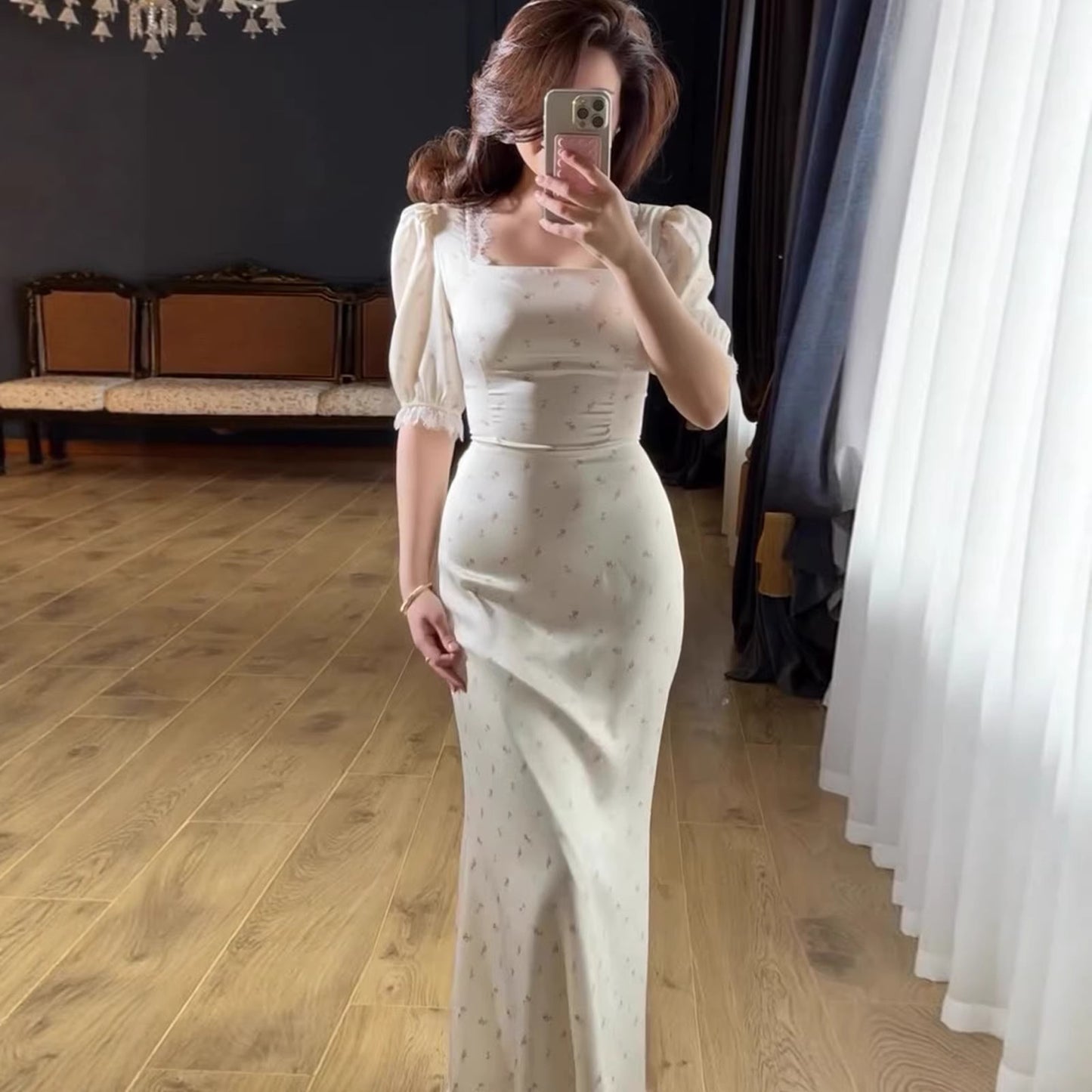 Elegant 3D Print Long Sleeve Maxi Dress – A-Line Belted Lace Trim Women’s Spring Fashion