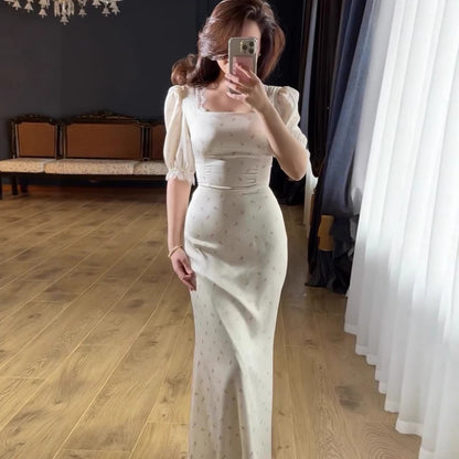 Elegant 3D Print Long Sleeve Maxi Dress – A-Line Belted Lace Trim Women’s Spring Fashion