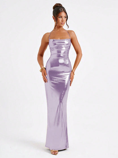 Elegant Solid Color Halter Neckline Chest Cutout Shiny Metallic Backless Dress