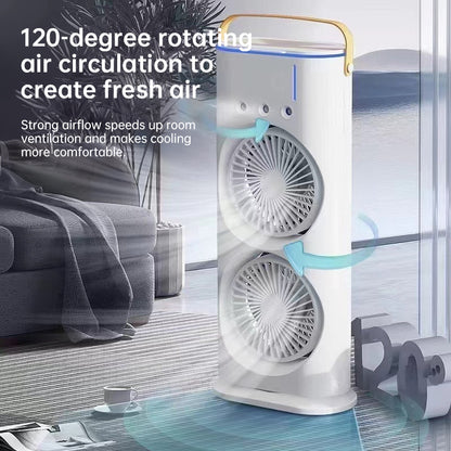 Rechargeable mini fan with spray mist cooling and LED light. Compact, quiet, and refreshing—ideal for desktop, bedroom, and small room ventilation.