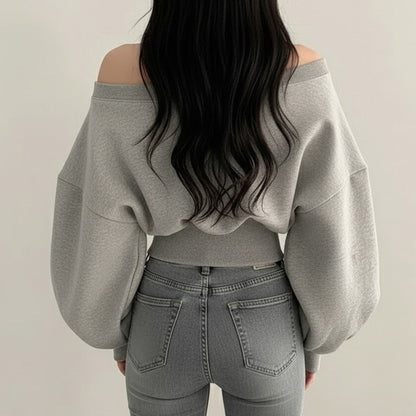 Women's One Shoulder Knit Hoodie – Loose Fit Long Sleeve Pullover Top