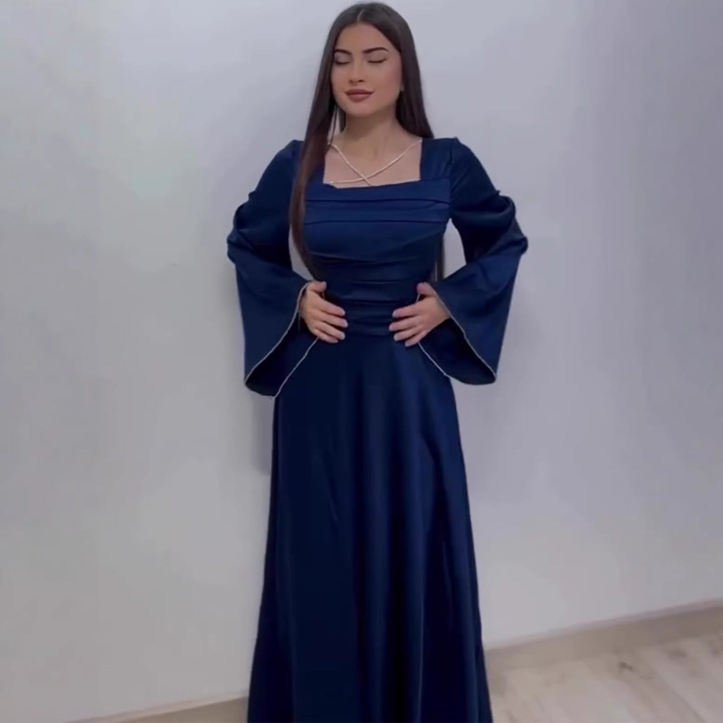 Women's Square Neck Tie Waist Fitted Long Sleeve Satin Dress – Blue, Dark Red & Coffee