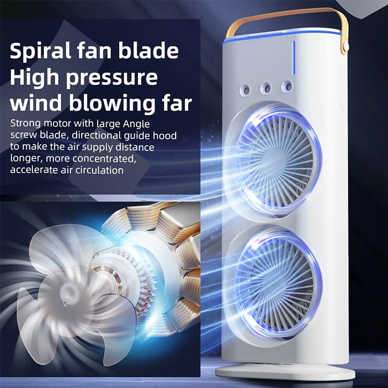 Rechargeable mini fan with spray mist cooling and LED light. Compact, quiet, and refreshing—ideal for desktop, bedroom, and small room ventilation.