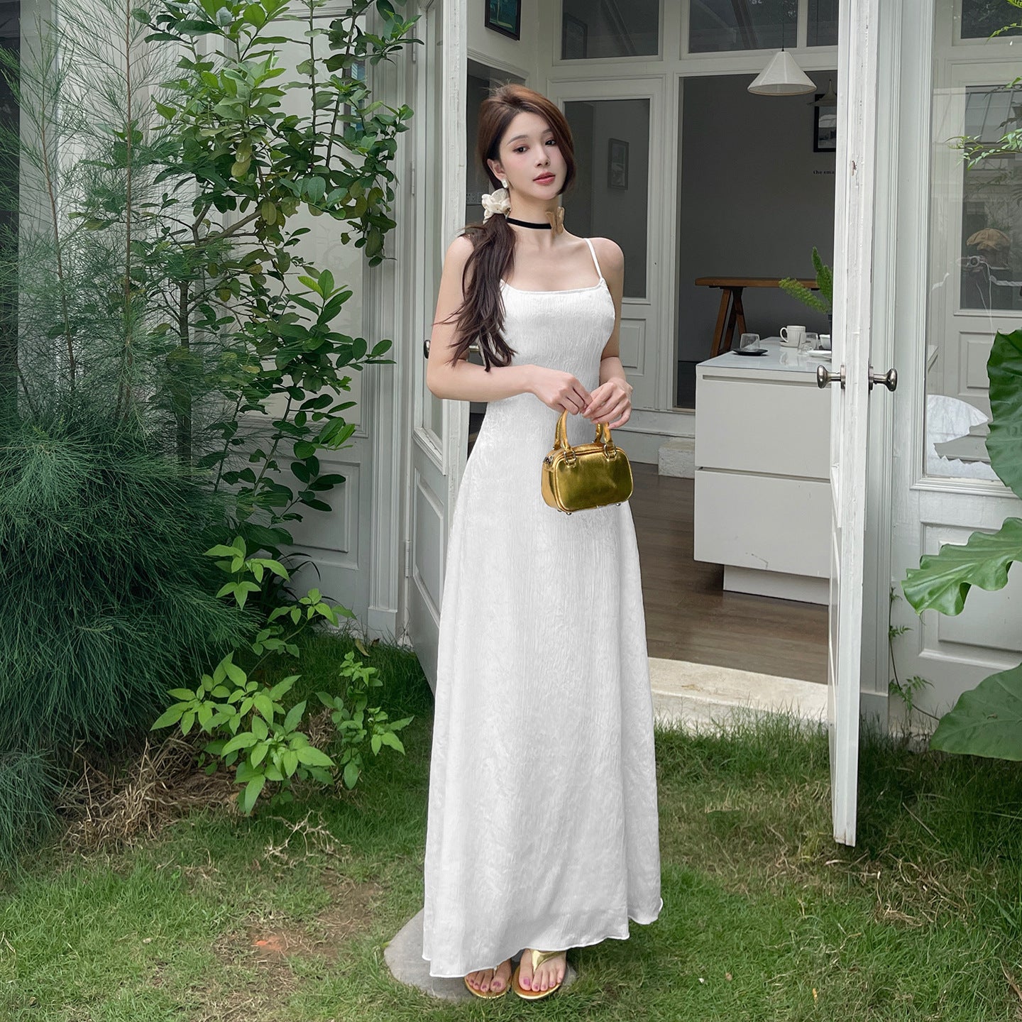 Satin Camisole Waist Bag Hip Long Skirt - White V-Neck Sleeveless Midi Dress