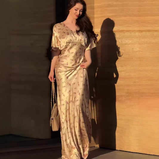 Robe longue maxi femme style vintage à fleurs, col en V et manches bouffantes – Coloris champagne et noir