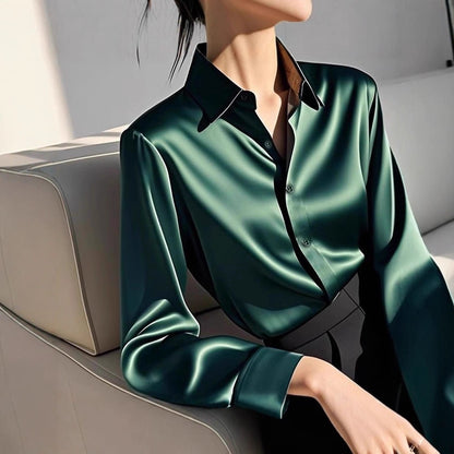 Women’s High-Quality Acetate Satin Shirt – Dark Green Long Sleeve | Elegant Luxury Blouse