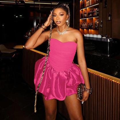 Sexy Slim Fit Patchwork Satin Strapless Skirt - Crimson Red Bodycon Mini Dress