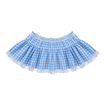 Grid Pattern Lace Trim Mini Skirt - Slim Fit Party Skirt
