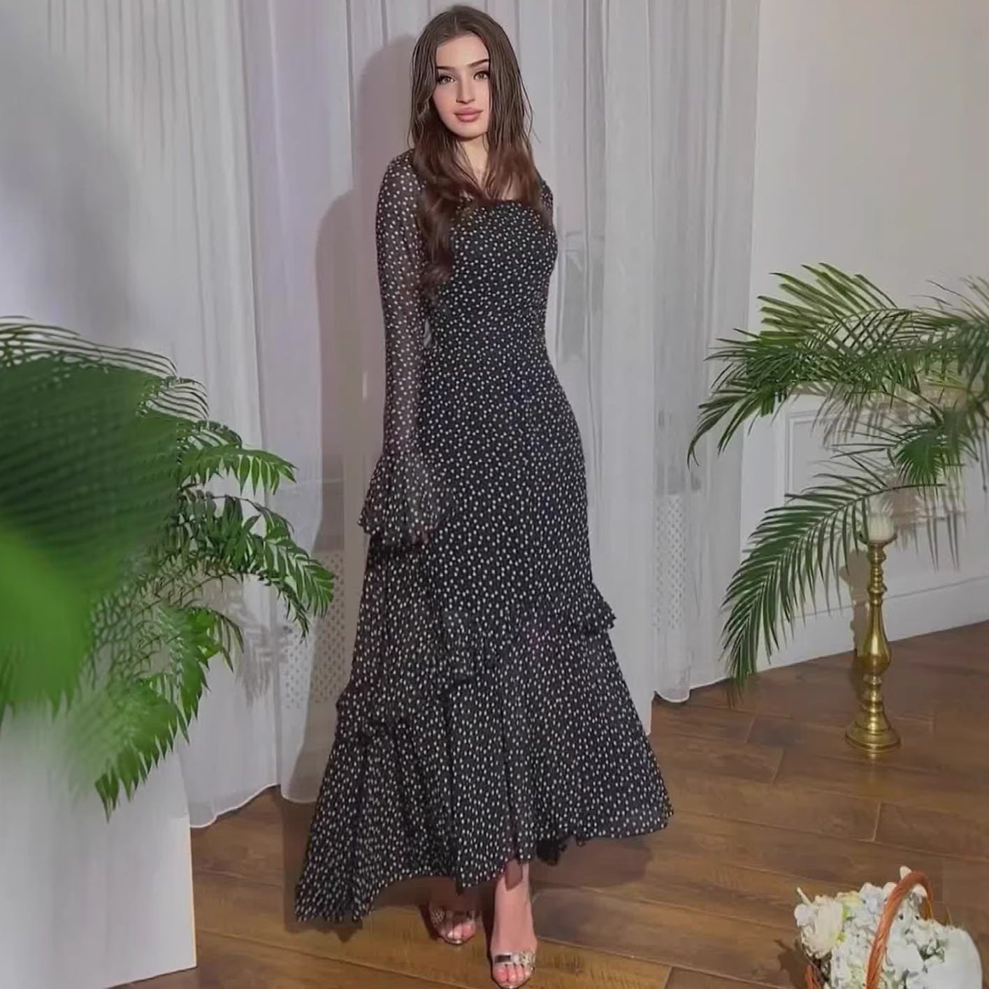 Polka Dot Ruffle Lantern Sleeve Maxi Dress – Elegant Chiffon Patchwork Women’s Spring Dress