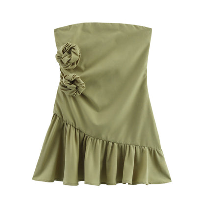 Women's Floral Detail Strapless Slim Fit Mini Dress | Olive