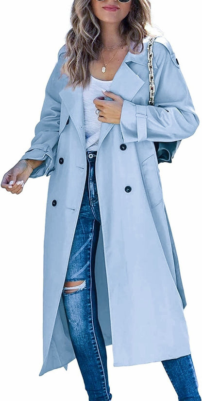 Luxury Wool-Blend Trench Coat for Women – Autumn/Winter Double-Breasted Long Coat with Notch Lapel, Straight Fit Elegant Casual Outerwear