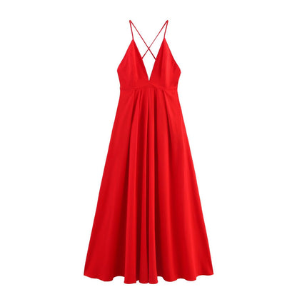 Women's Backless V-Neck Loose Maxi Dress | Red