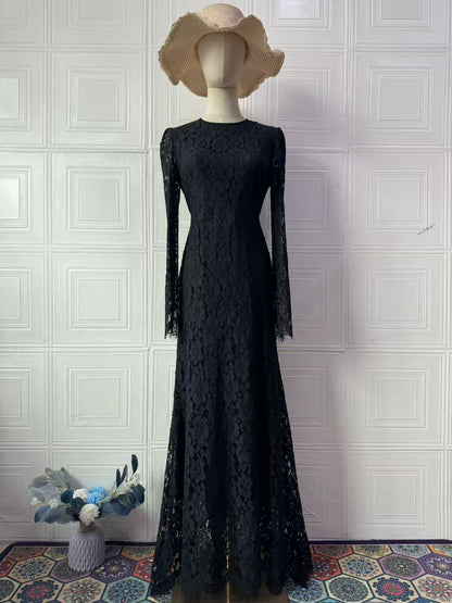 Women's Elegant Long Sleeve Fitted Maxi Dress – High Waist Round Neck Black Gown
