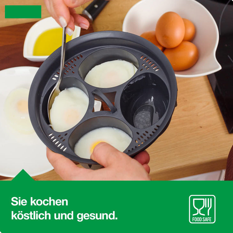 Multifunctional food-grade silicone egg mold and steam basket accessory for Thermomix TM5 and TM6. Ideal for steaming eggs, pastries, and healthy home cooking.