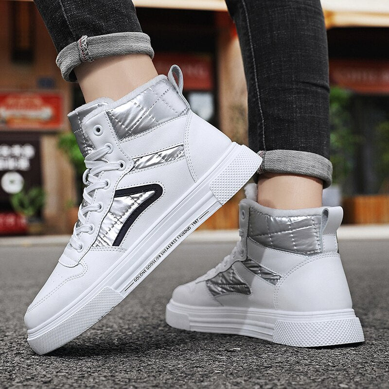 Winter Men Shoes High-Top Walking Shoes - White Cotton Casual Canvas Height Increasing Shoes