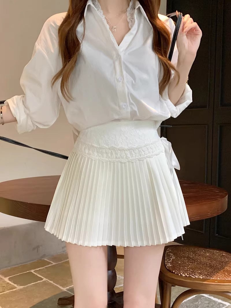 Women's White Lace Trim Pleated Mini Skirt – High Waist Ballet Style