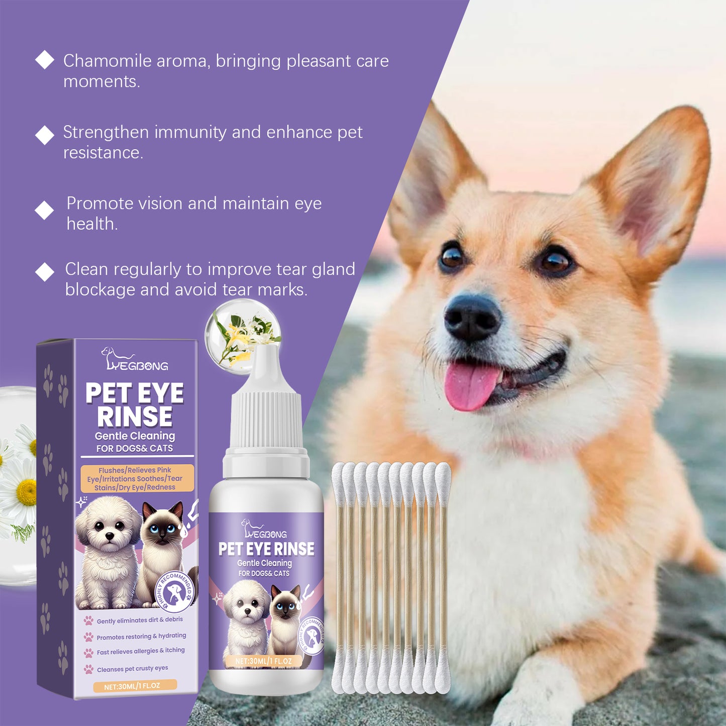 Gentle Pet Eye Wash - Tear Stain Remover for Cats & Dogs | Natural Eye Cleaning Solution