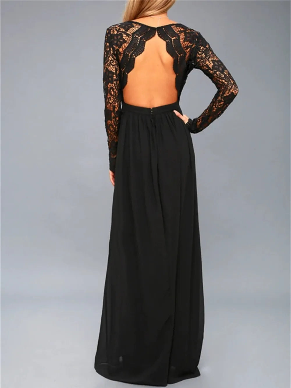 Black Lace Backless Maxi Dress - V-Neck Long Sleeve Dress