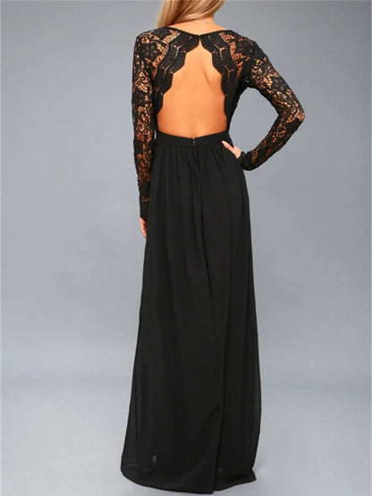 Black Lace Backless Maxi Dress - V-Neck Long Sleeve Dress