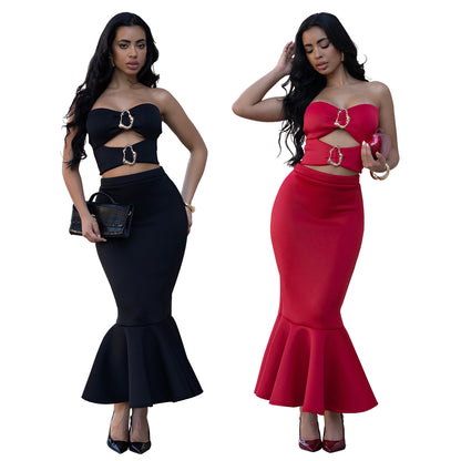 Women's Strapless Crop Top & Maxi Skirt Set – Elegant Commute Two-Piece