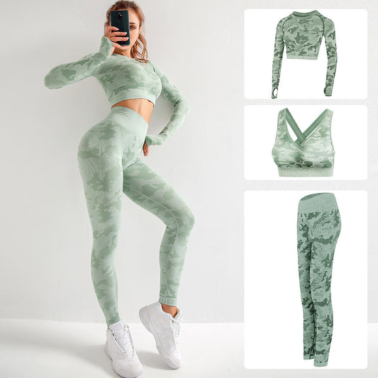 Camouflage 3-Piece Women’s Sportswear Set – Long Sleeve Sports Bra, Hip-Lifting Tight Pants & Fitness Yoga Suit