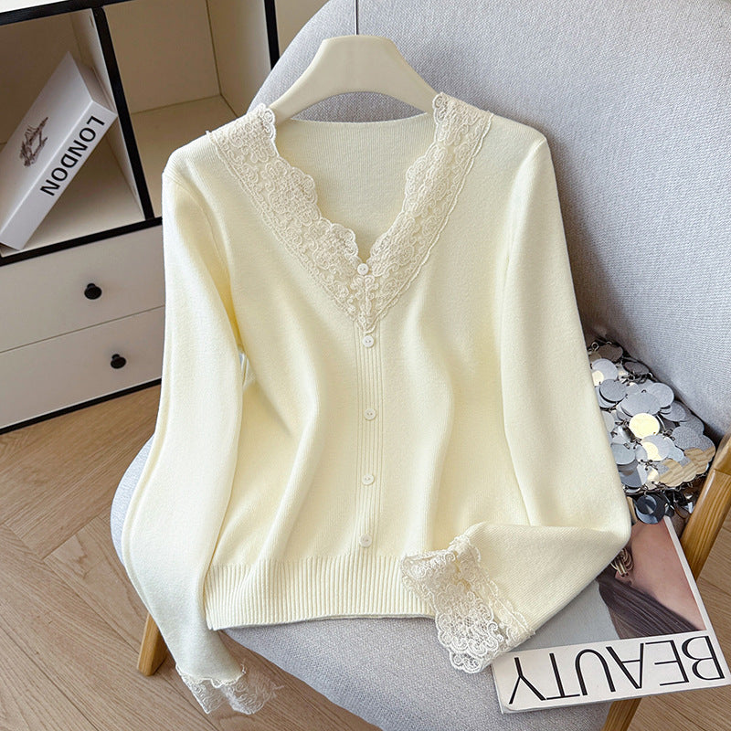 V-Neck Knit Sweater with Button Detail - Long Sleeve Pullover