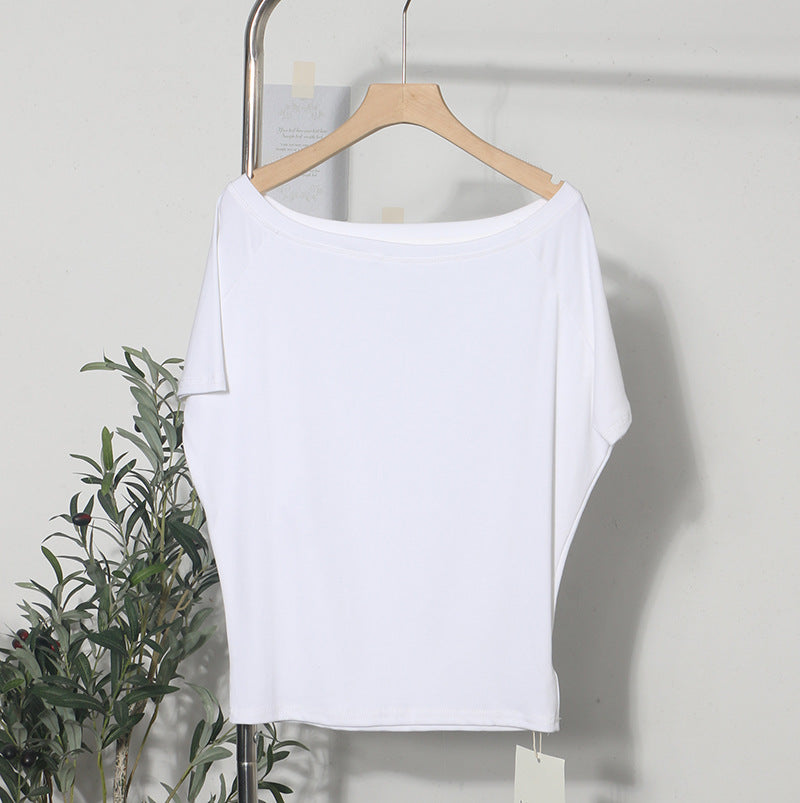 Zarusky Women's Off Shoulder Slanted Collar Loose Fit Blouse – Short Sleeve Cotton Top