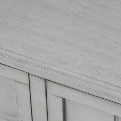 Slim grey-washed console desk with three drawers and bottom shelves. Space-saving sofa table perfect for living rooms, entryways, and hallways.