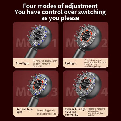 Electric scalp massager with guiding comb, 4 massage modes, and red light therapy. Designed for relaxing scalp massage, smooth hair care, and deep scalp moisturizing.