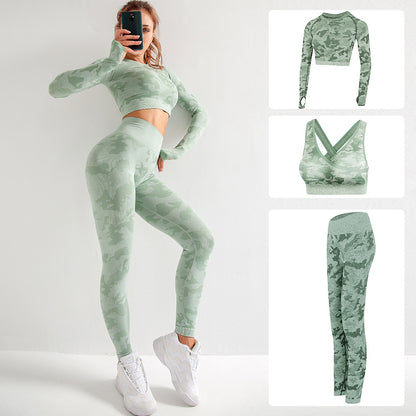 Camouflage 3-Piece Women’s Sportswear Set – Long Sleeve Sports Bra, Hip-Lifting Tight Pants & Fitness Yoga Suit