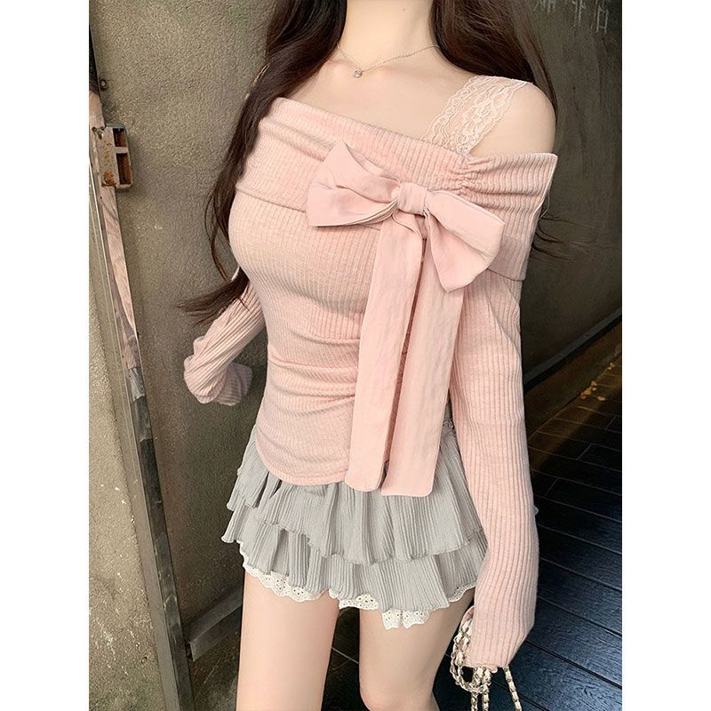 Women's One Shoulder Bow Detail Long Sleeve Fitted Top – Sweet Off Shoulder Pullover