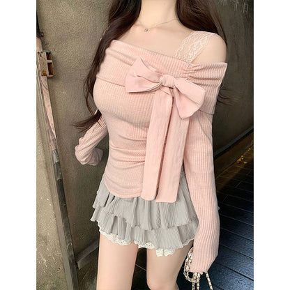 Women's One Shoulder Bow Detail Long Sleeve Fitted Top – Sweet Off Shoulder Pullover