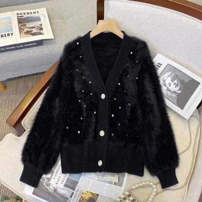 Chanel-Style Beaded Knit Cardigan - Cropped V-Neck Button-Up Sweater Jacket