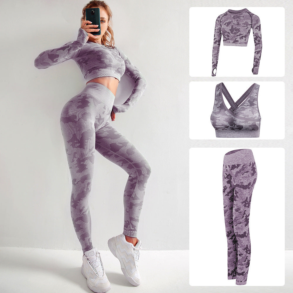 Camouflage 3-Piece Women’s Sportswear Set – Long Sleeve Sports Bra, Hip-Lifting Tight Pants & Fitness Yoga Suit
