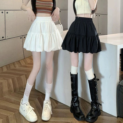 Women's Pleated A-Line Mini Skirt – Elastic Waist Bubble Skirt with Lining