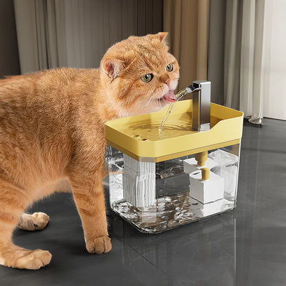 Automatic cat water fountain with multi-layer filter and circular water flow. USB-powered, quiet, and anti-dry protection for safe, fresh pet hydration